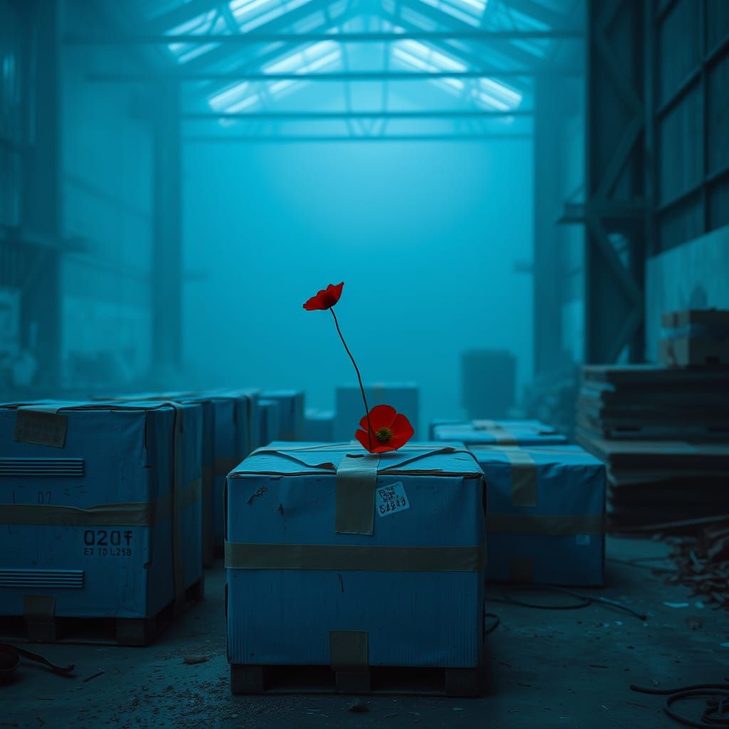 Photorealistic Abandoned Warehouse with Poppy on Blue Boxes