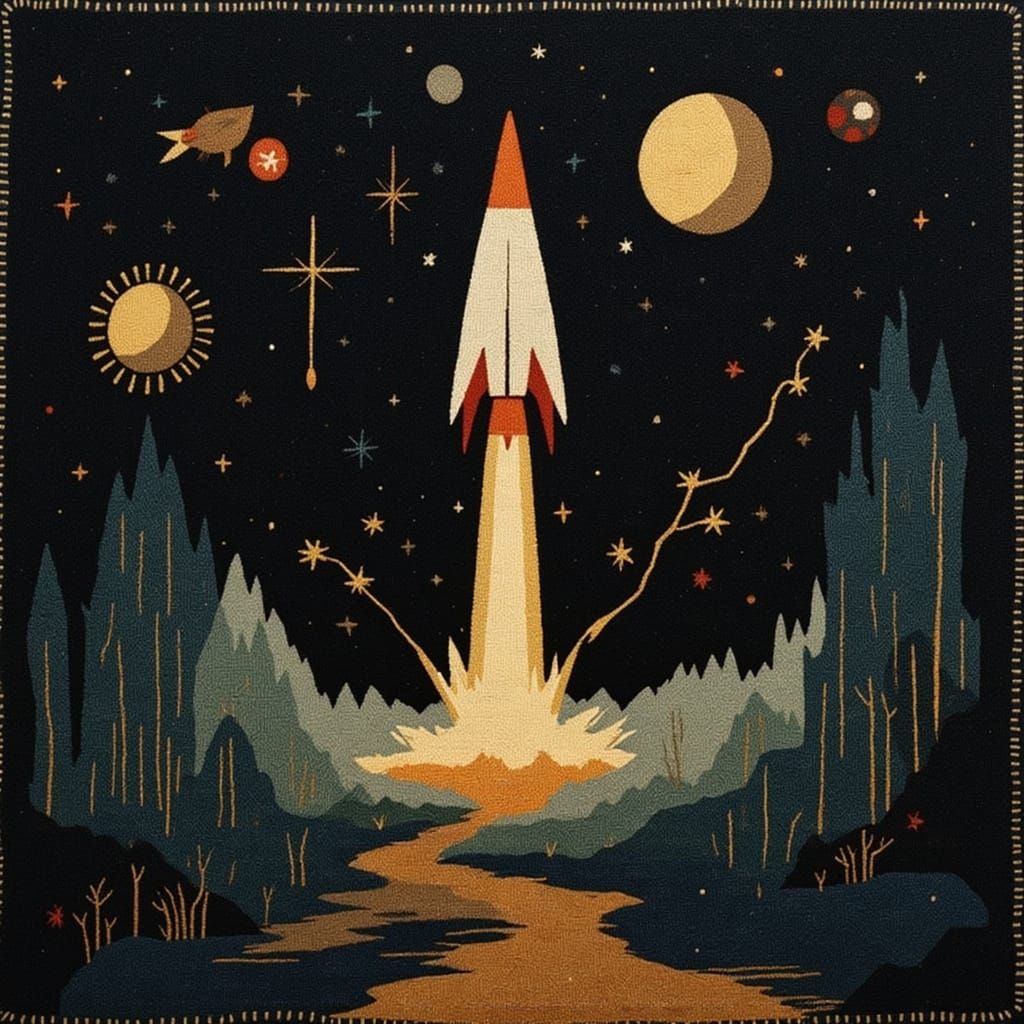 Stone Age Rocket Ship Silhouette in Space