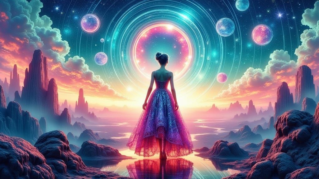 Ethereal Woman in Surreal Cybernetic Landscape