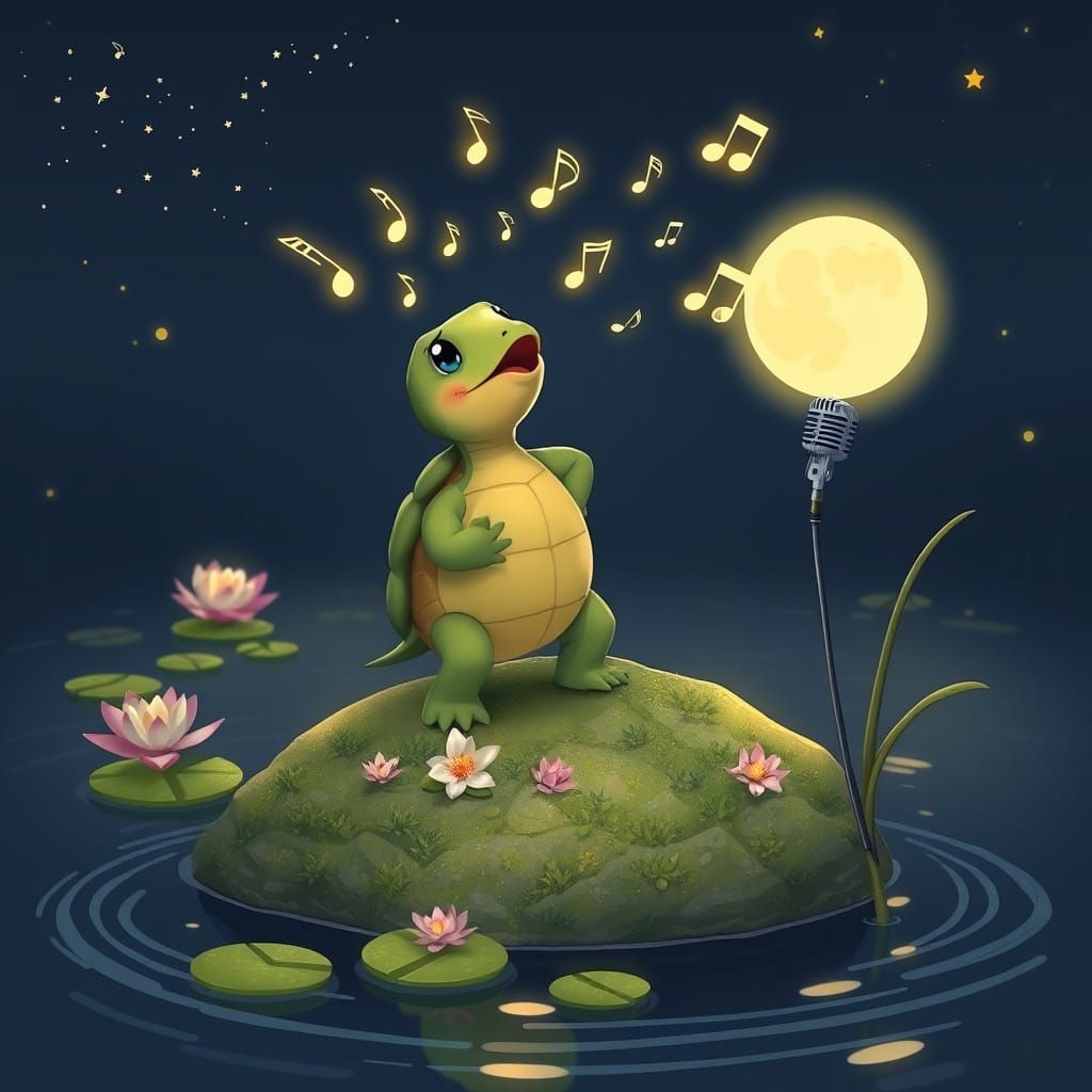 A charming turtle stands on a mossy rock in the center of a moonlit pond, its head tilted back as it belts out a song. M...