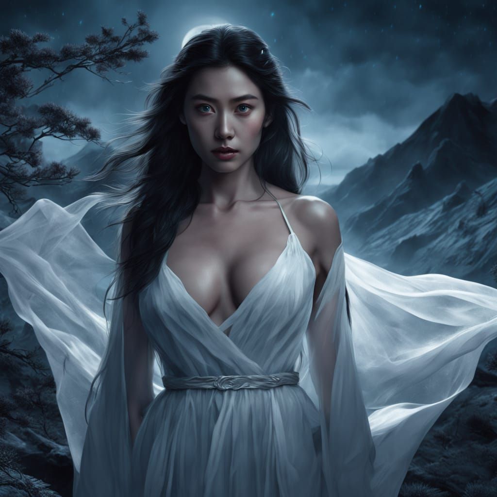 Beautiful Asian Vampire Woman in White Gown