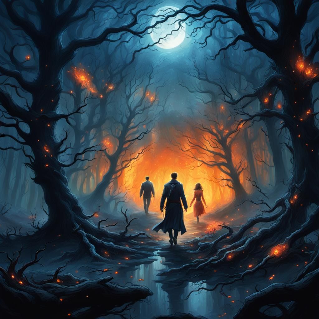 Couple Fleeing Phantoms in Mist-Shrouded Forest