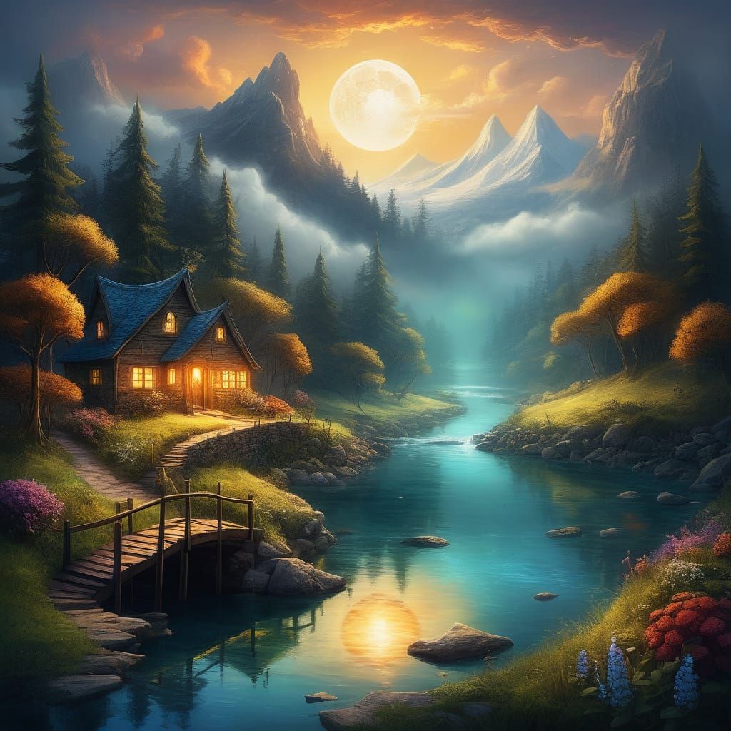 Bioluminescent Sunflower Sunset Landscape: Digital Art