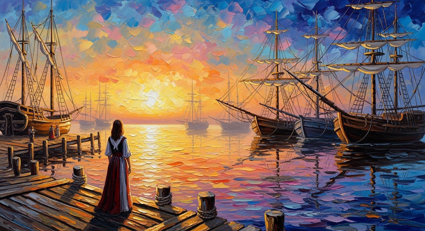 Ancient Harbor at Dusk as Impasto Oil Painting