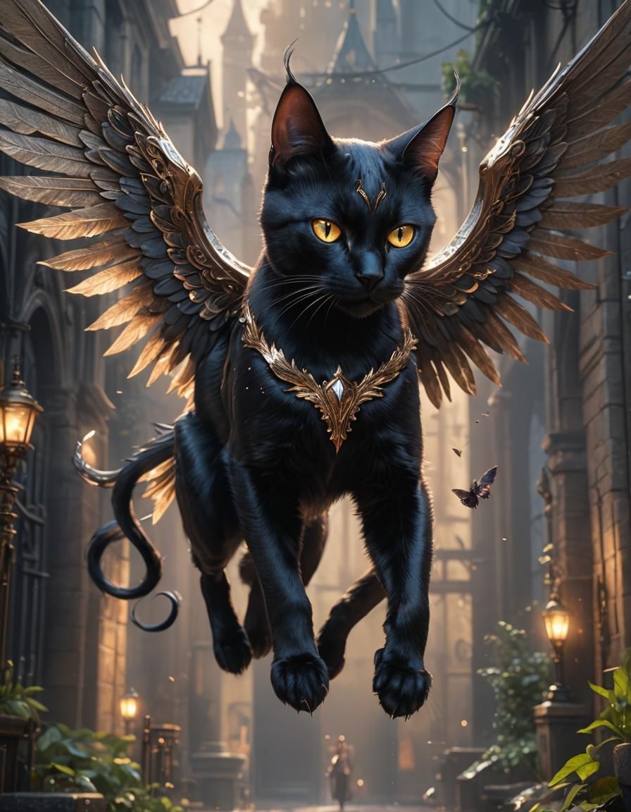 Winged Black Cat Fantasy Art