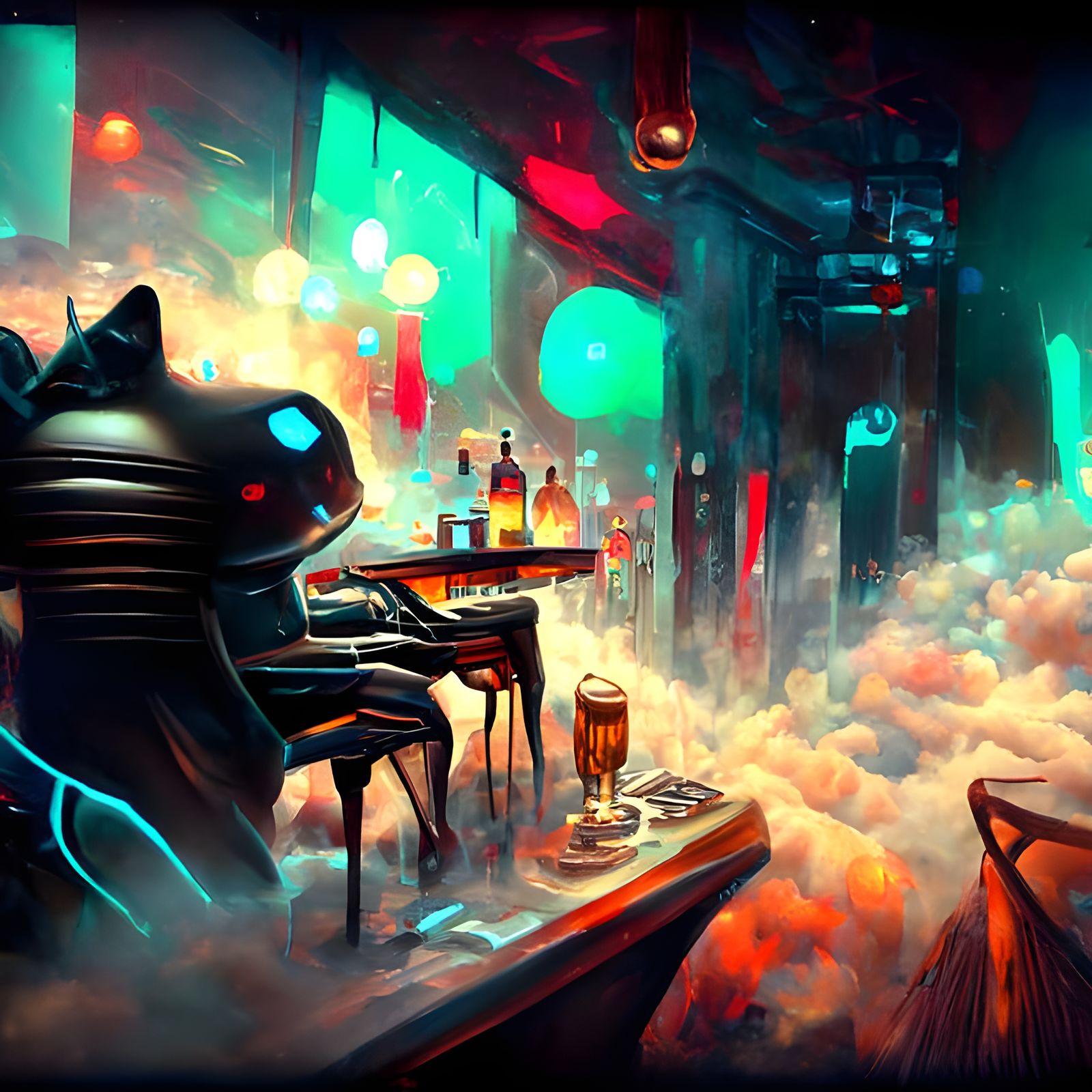 Robot Cat Plays Synth in Cyberpunk Bar