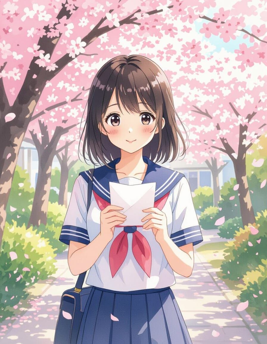 Anime Girl with Love Letter in Cherry Blossom Garden