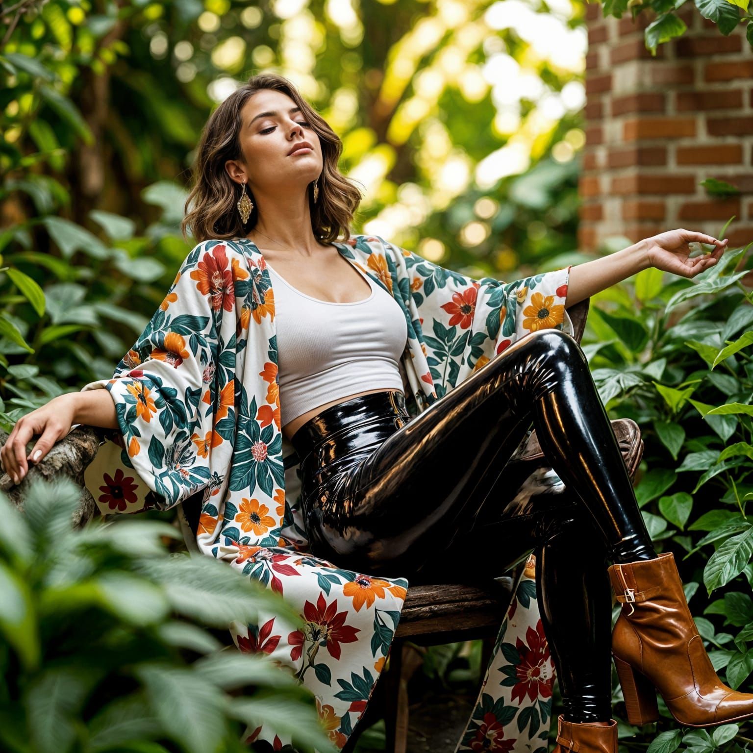 Woman Meditating in a Lush Latex Garden