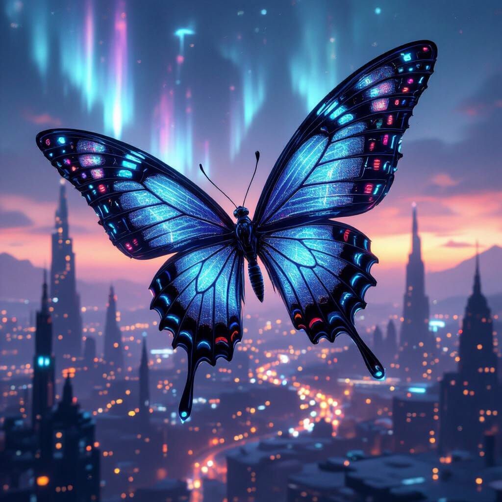 Biomechanical Butterfly over Cyberpunk Cityscape
