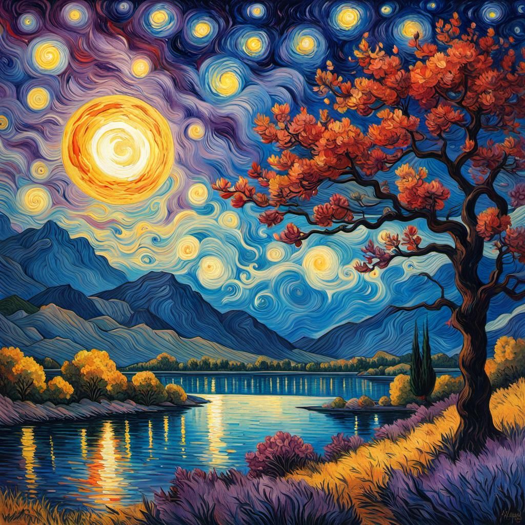 Van Gogh Starry Night Landscape with Oak Tree