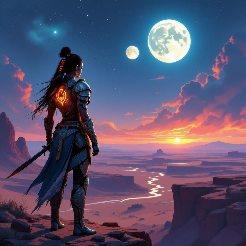 Warrior Princess Overlooking Alien Desert Landscape