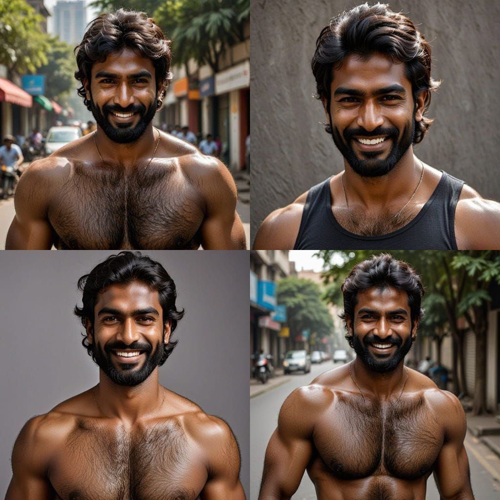 Handsome Indian Male Model with Dark Skin and Hairy Chest