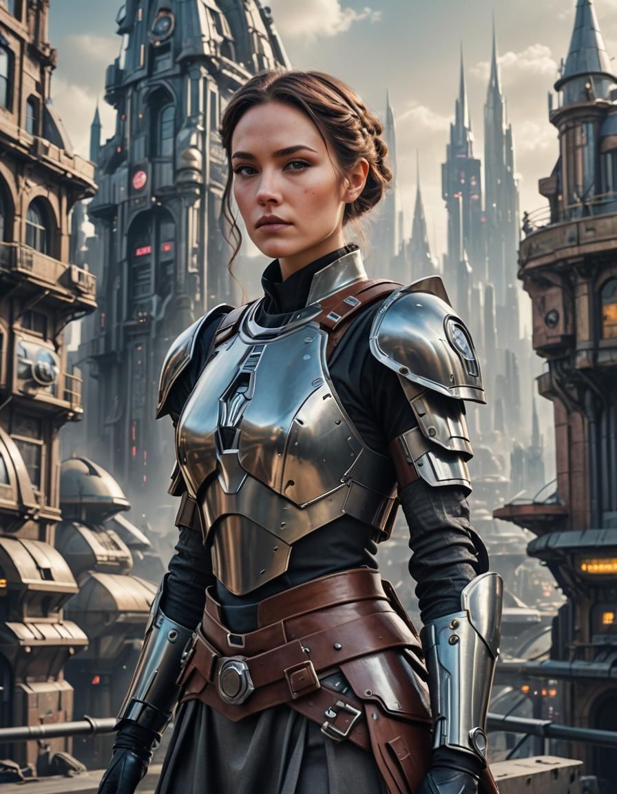 A beautiful young Victorian woman in Mandalorian armor and a skirt,  In a futuristic city background, half body portrait