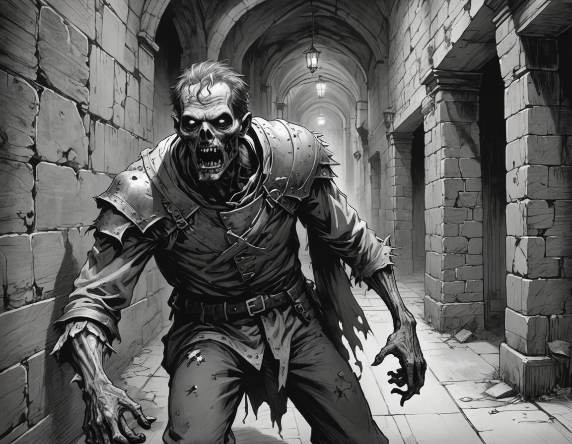 Zombie Biting Arm in Medieval Dungeon Sketch