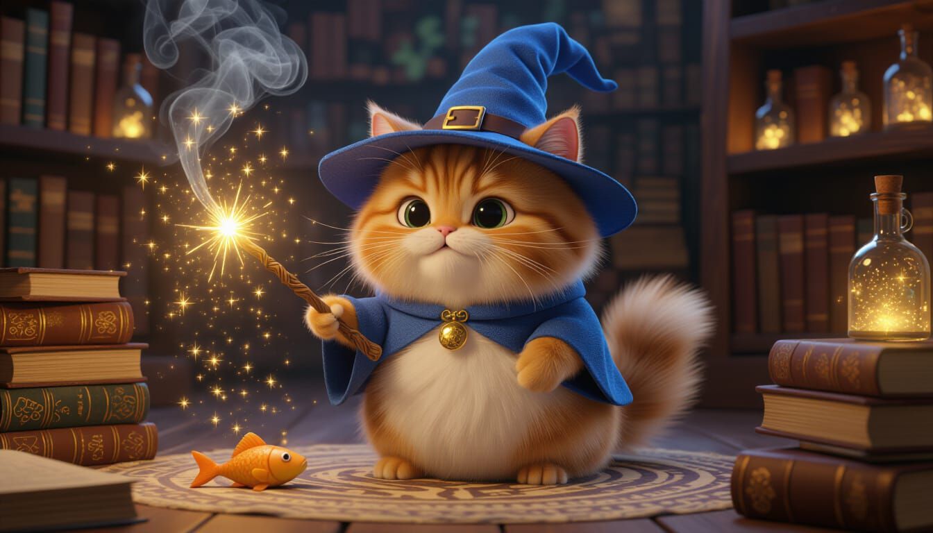 Chubby Ginger Cat Wizard Performs Magic with Fish Treat