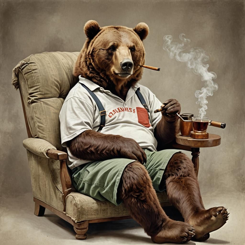 Anthropomorphic Brown Bear Smokes a Pipe