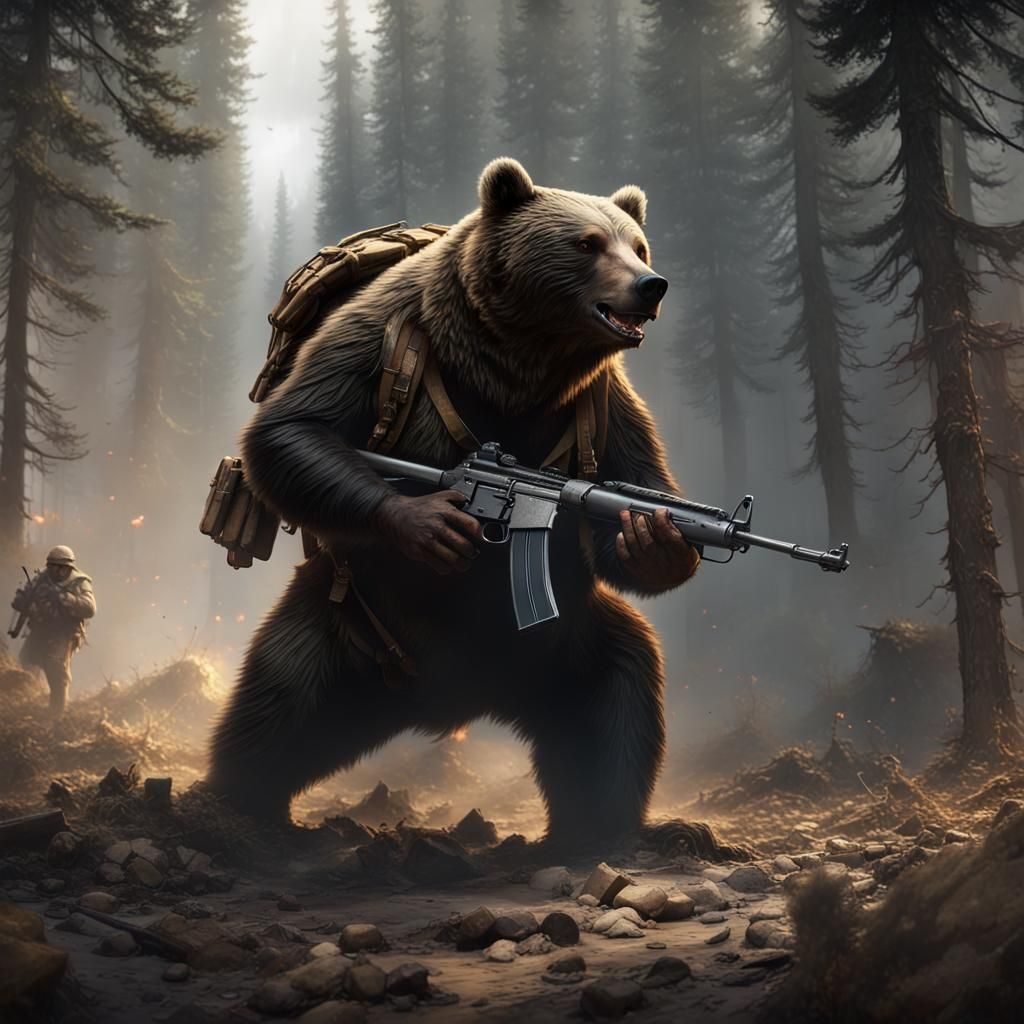 Heroic Bear Delivering Ammunition, Dark Fantasy Concept Art