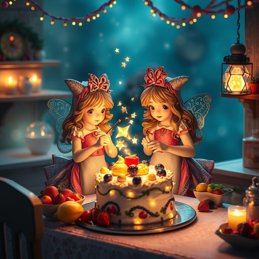 Fairies Baking a Magical Star Cake in Ethereal Fantasy Style