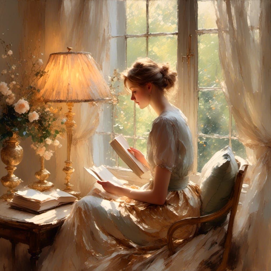 Woman Reading by Window in Impressionistic Style