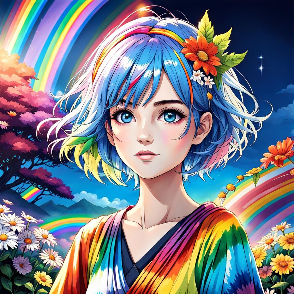 Anime Portrait: Cute Hippie Girl with Rainbow Eyes