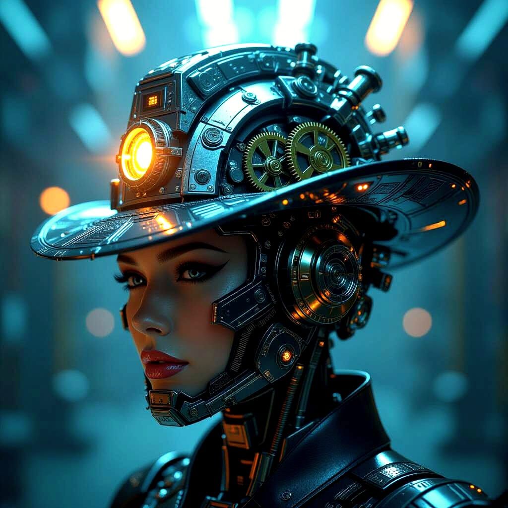 Intricate Mechanical Gear Headpiece with Glowing Circuits