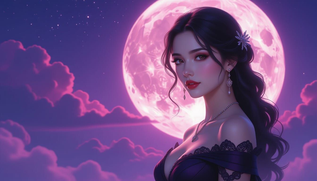 Woman in Crimson Moonlight with Ethereal Ambiance