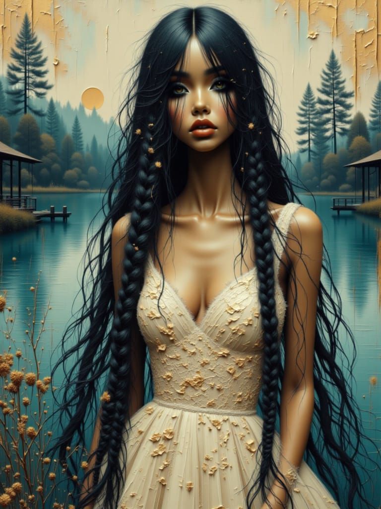 Gothic Manga Woman with Silver Braids in Dreamlike Landscape
