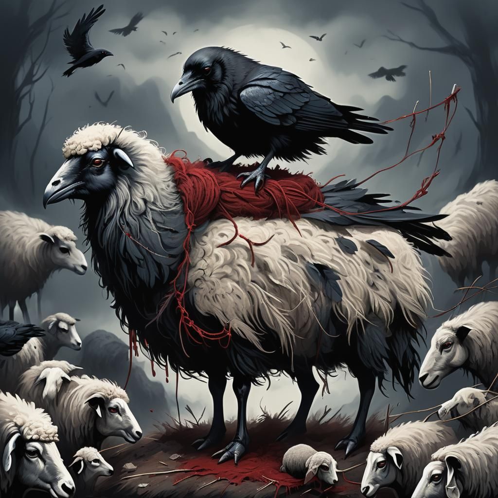 Mysterious Dark Fantasy Scene with Raven and Sheep