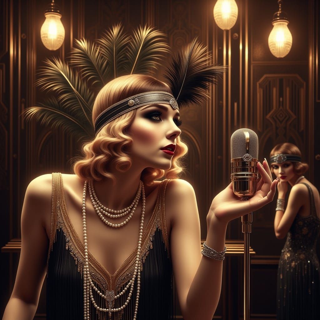 Flapper Girl Singing in Art Deco Jazz Club