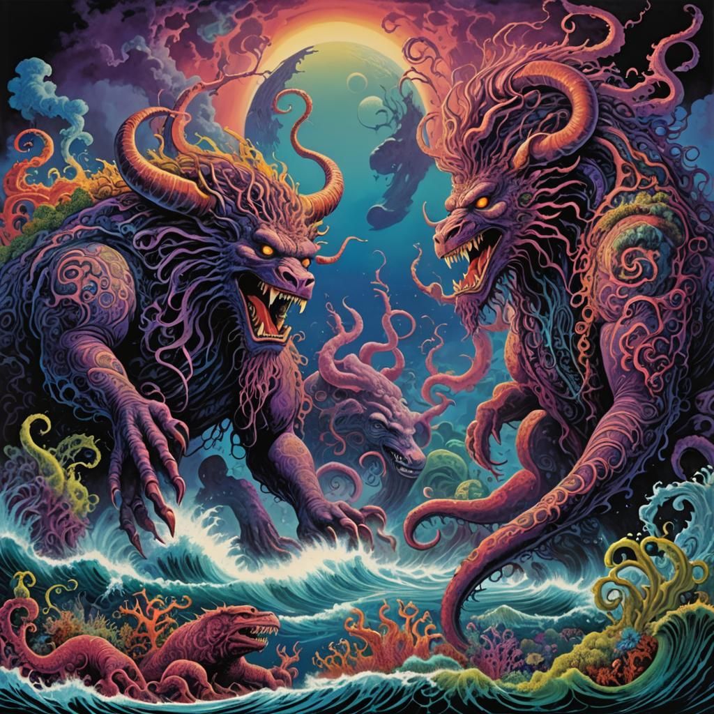 Psychedelic Beasts Rising from Mystical Ocean Depths