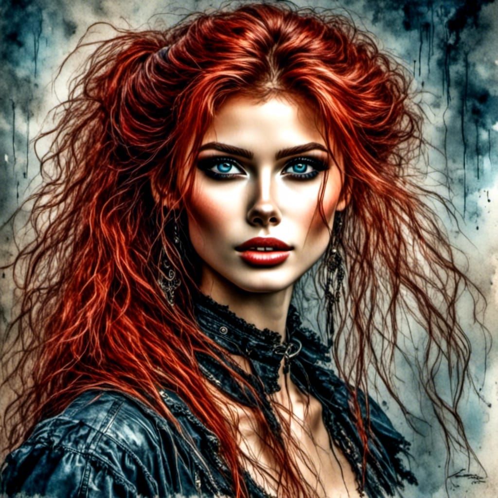 Stunning Redhead in Antique Watercolor Impasto Style