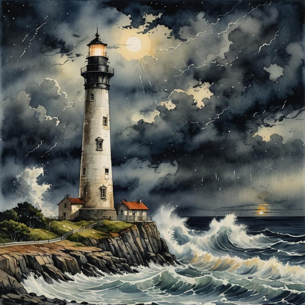 Lighthouse in Stormy Starry Night, Watercolor Style