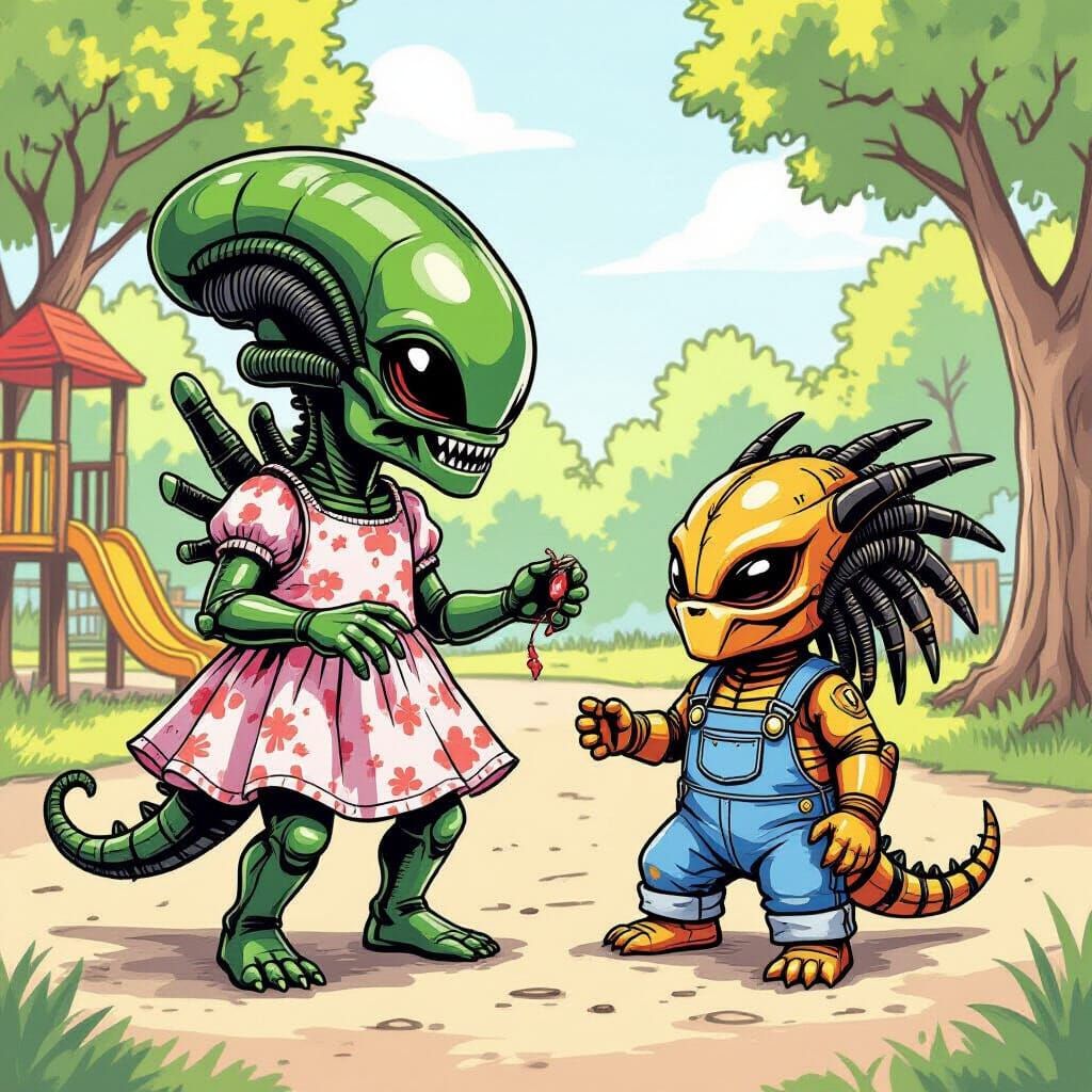 Tiny Xenomorph and Predator Play on Playground