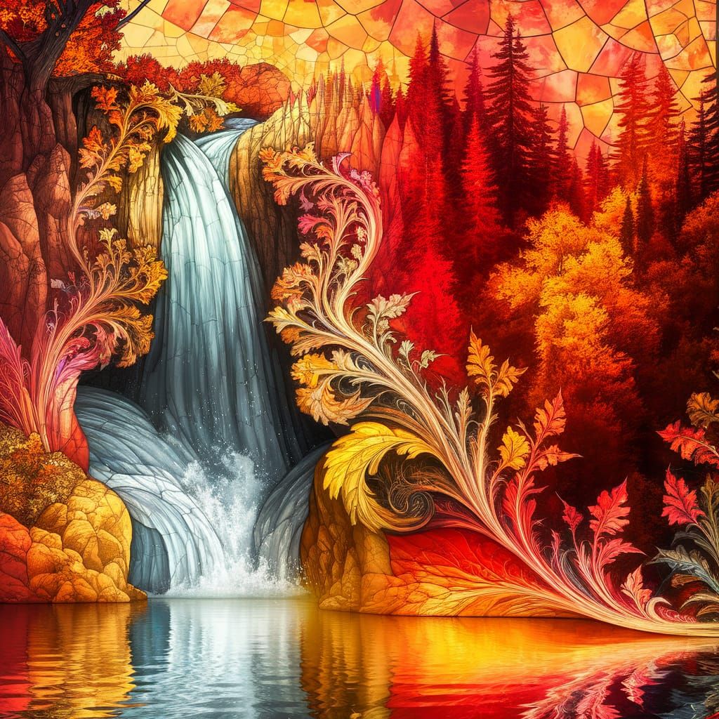 Stained Glass Waterfall with Art Nouveau Design