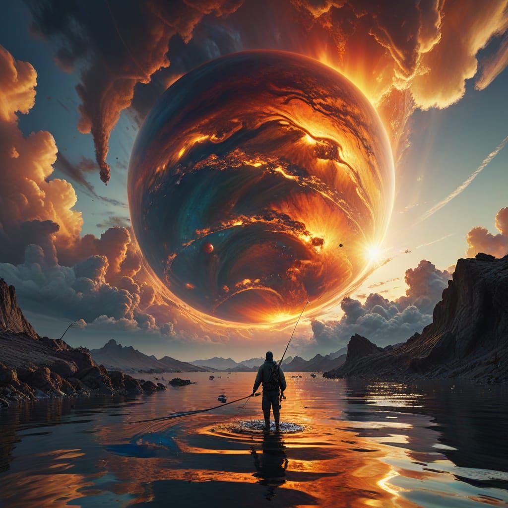 Surreal Fisherman Casts Line in Gas Giant's Glowing Depths