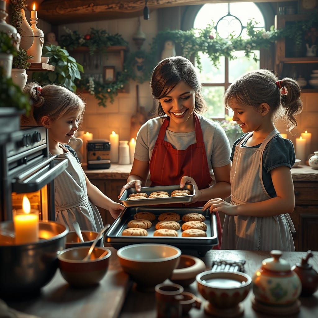 Cozy Family Baking Moment in Whimsical Kitchen