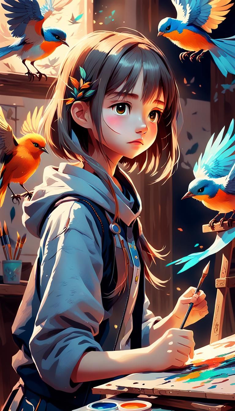 Girl Paints a Bird: Anime-Inspired Digital Art