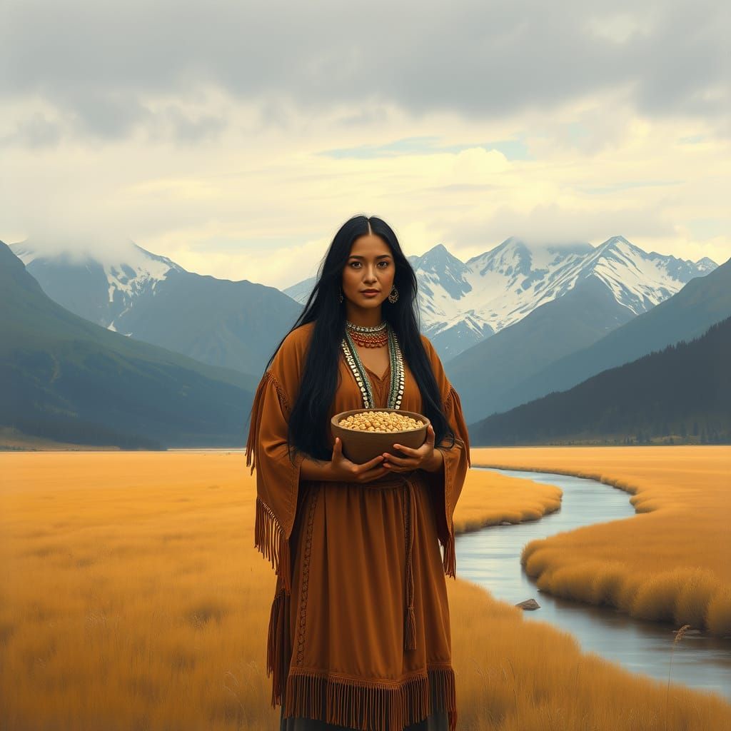 Native Woman with Pinto Beans in Painterly Style
