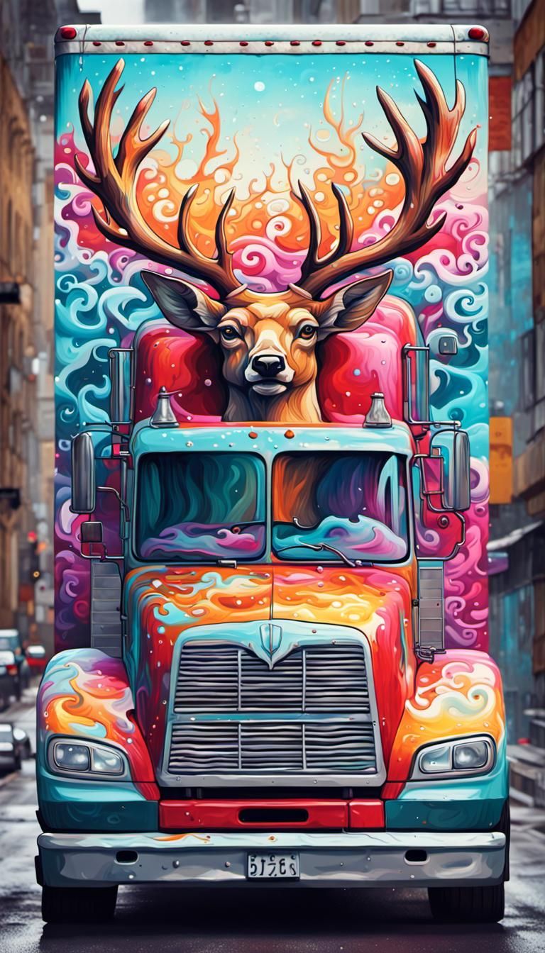 Colorful Santa Deer Truck Graffiti Street Art
