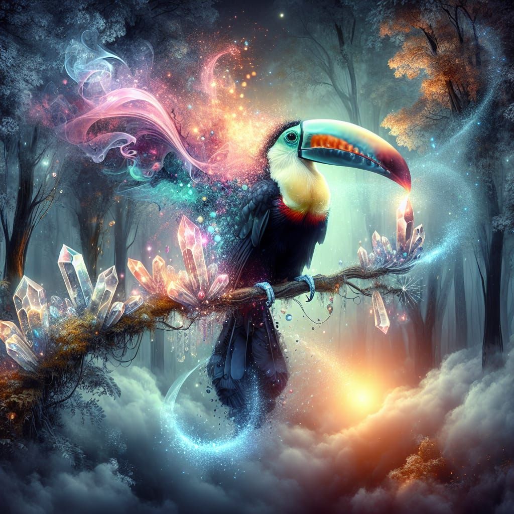 Luminous Toucan in Mystical Forest, Fantasy Art