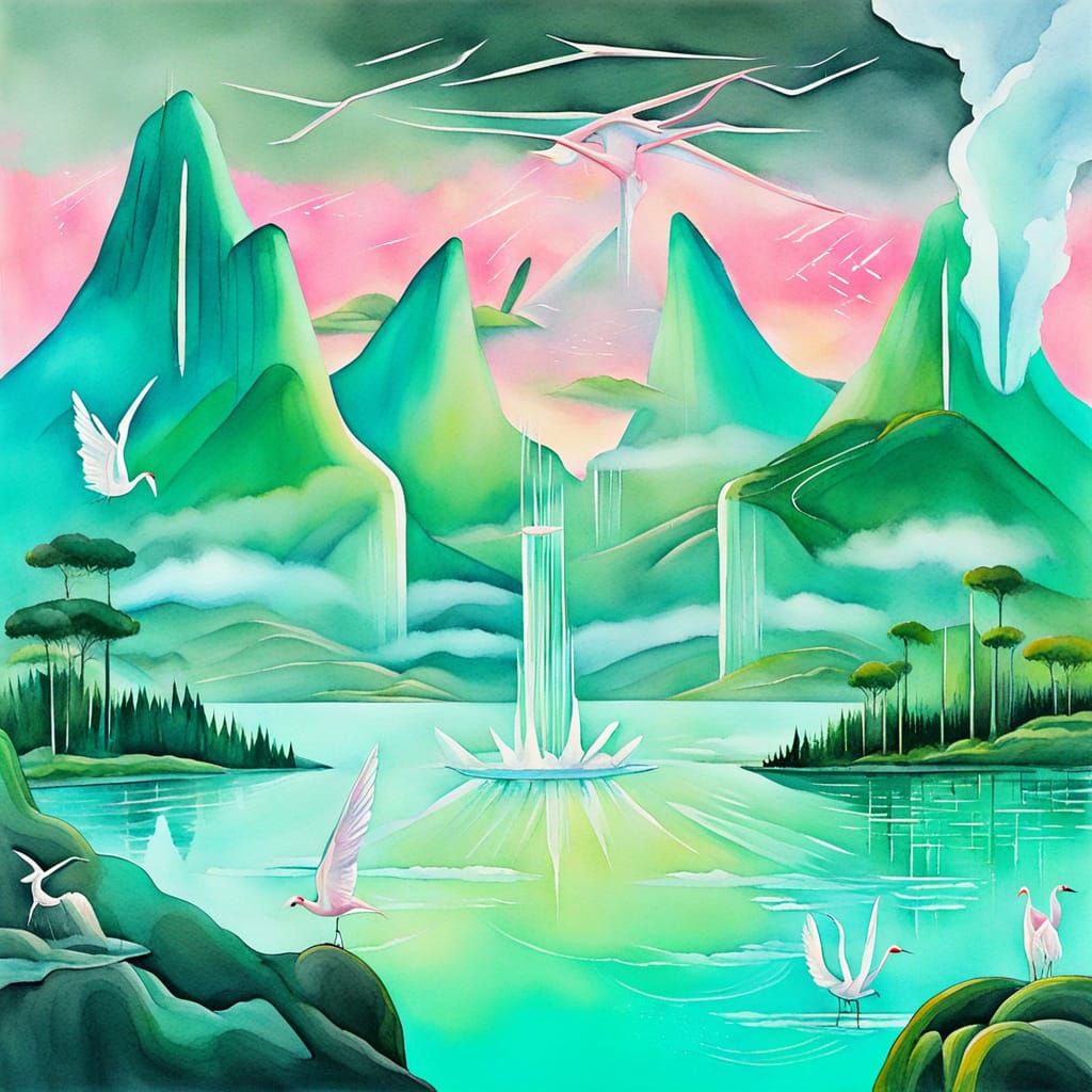 Futuristic Landscape in Oil and Watercolor Style