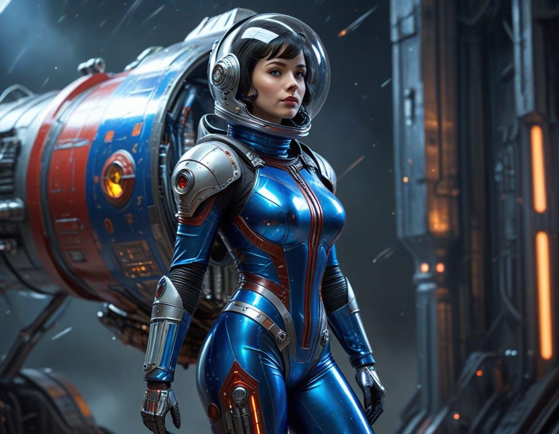 Retro Sci-Fi Pinup in Spacesuit with Rocket