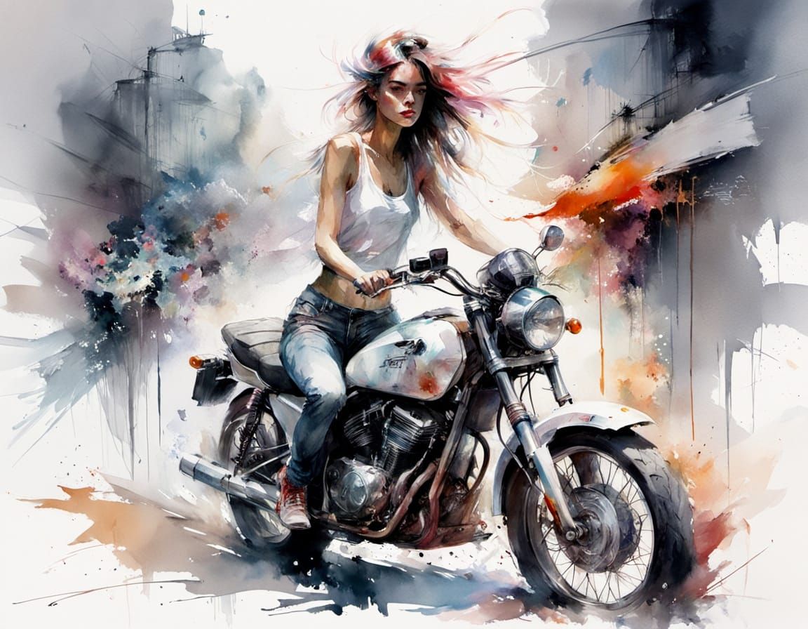 Girl on Motorcycle in Stylized Watercolour