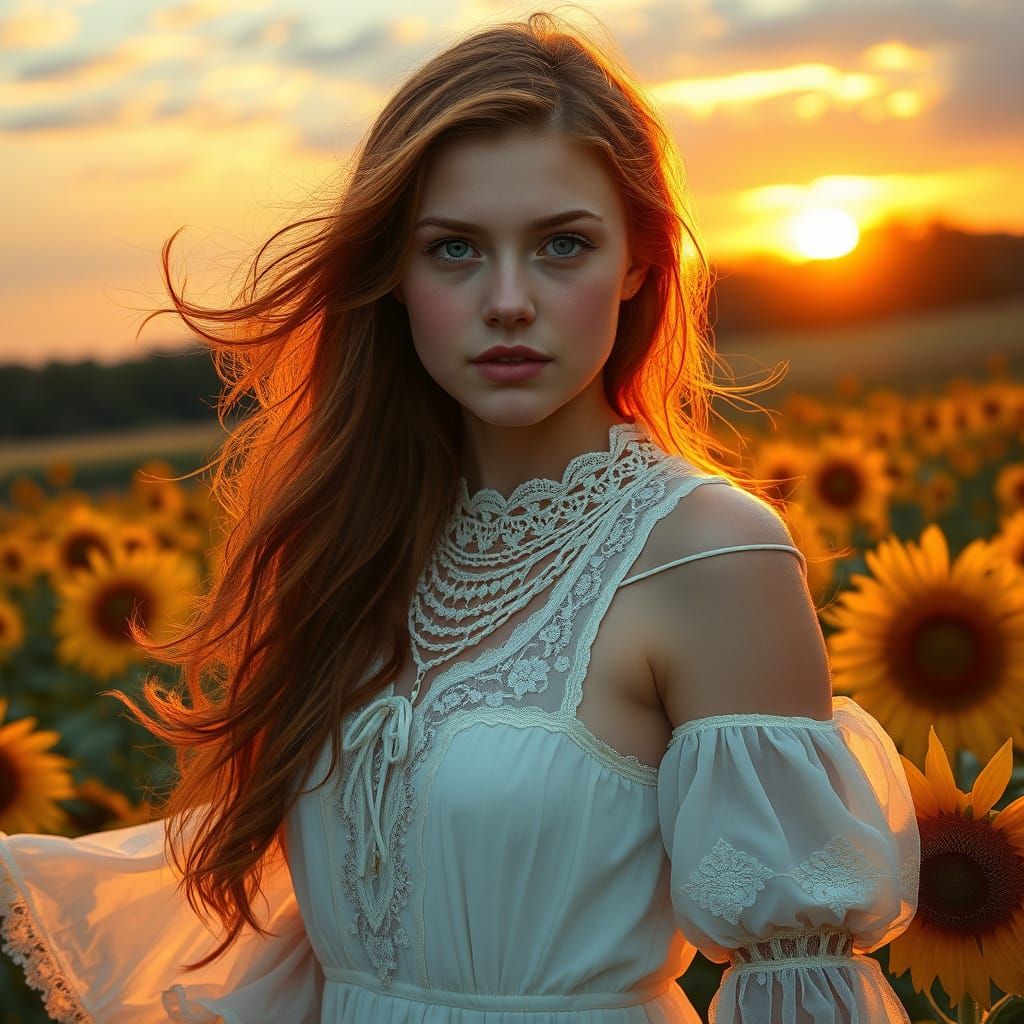 Woman in Sunflower Field: Pre-Raphaelite Art Nouveau