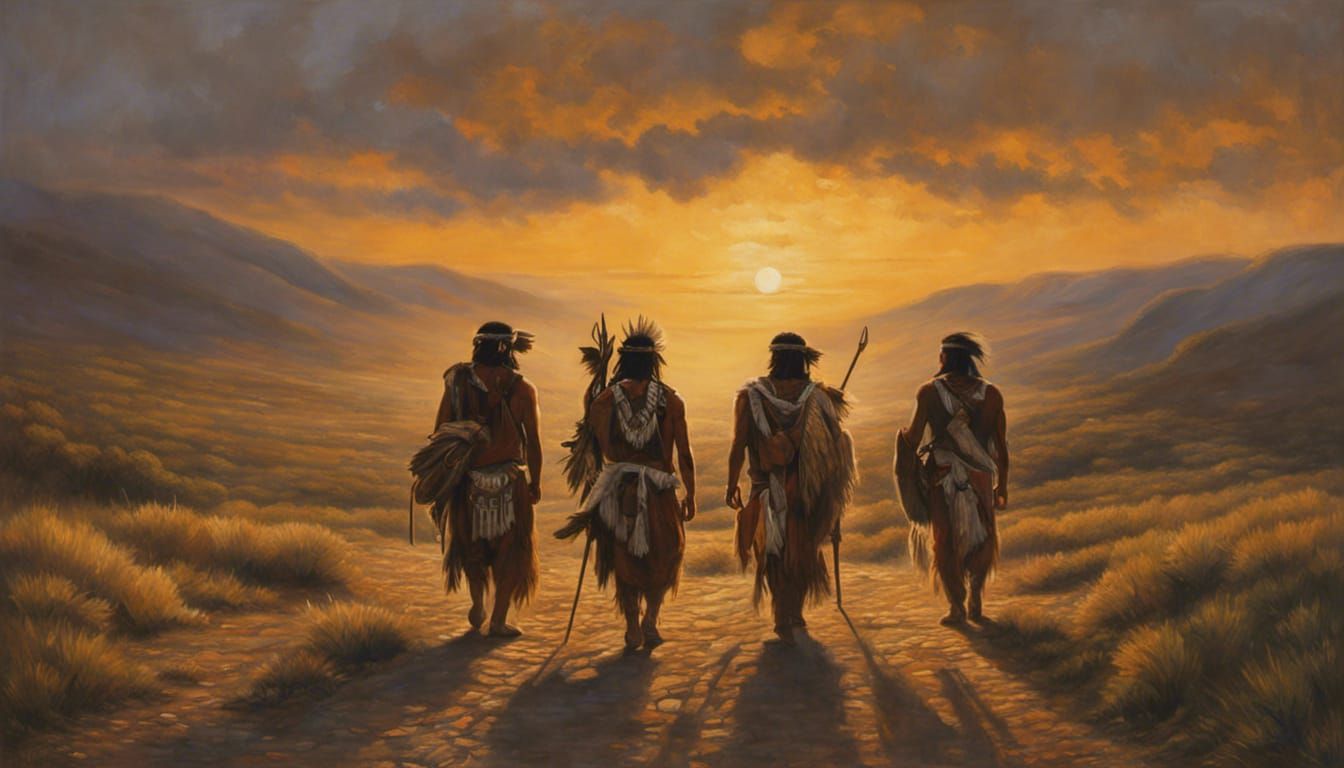 Native Americans Walking at Sunset: Oil Painting