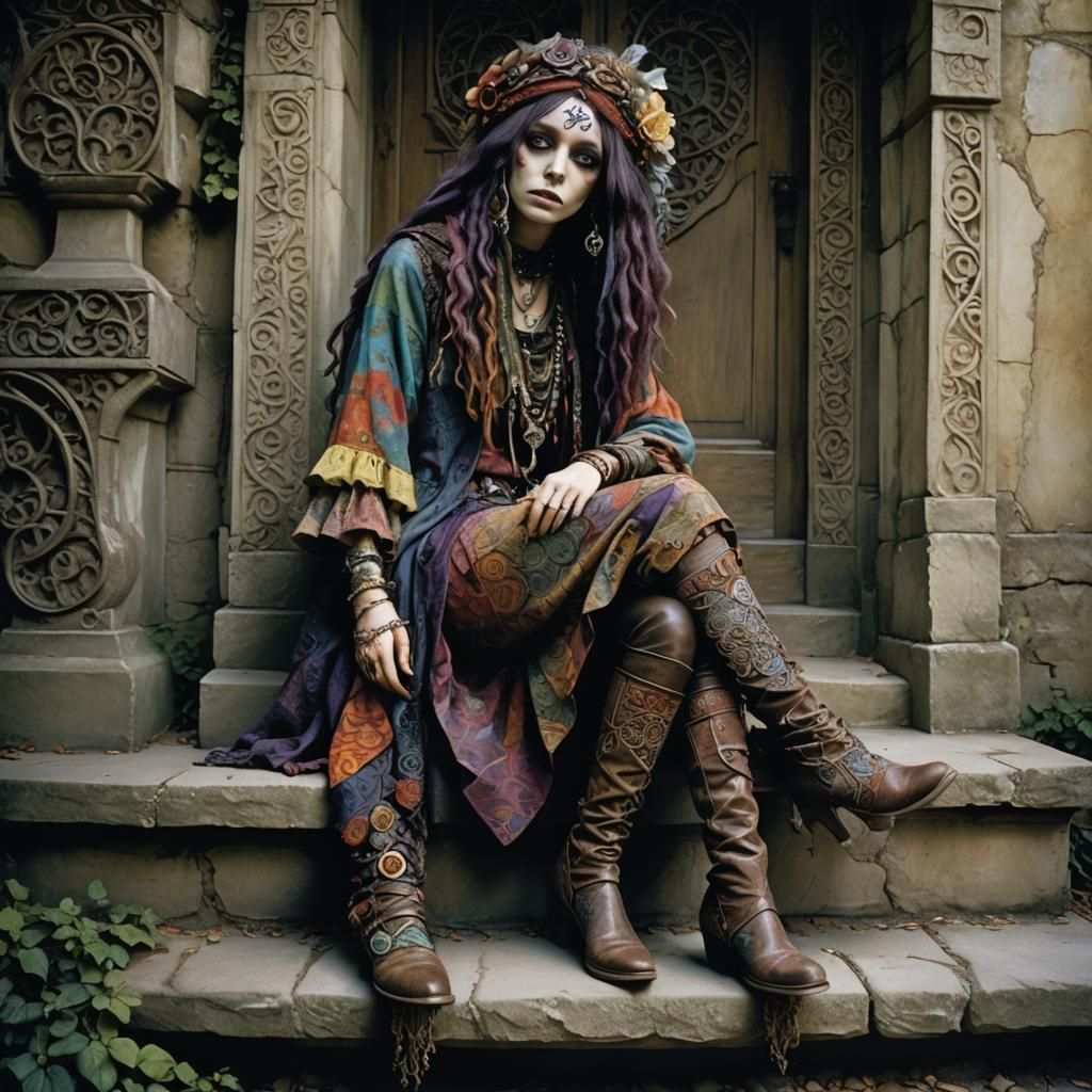 Whimsical Gothic Woman in Hippie Clothing