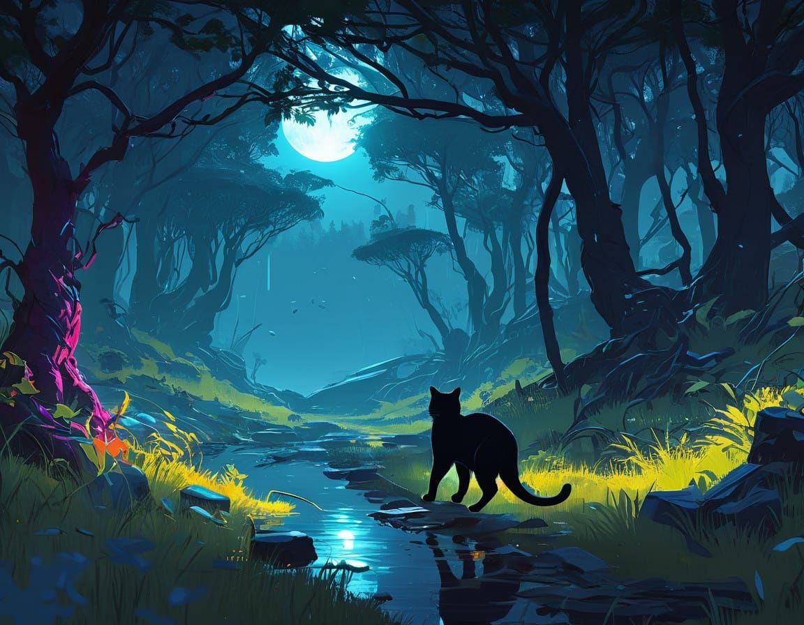 Ethereal Black Cat Roams Mystical Moonlit Realm