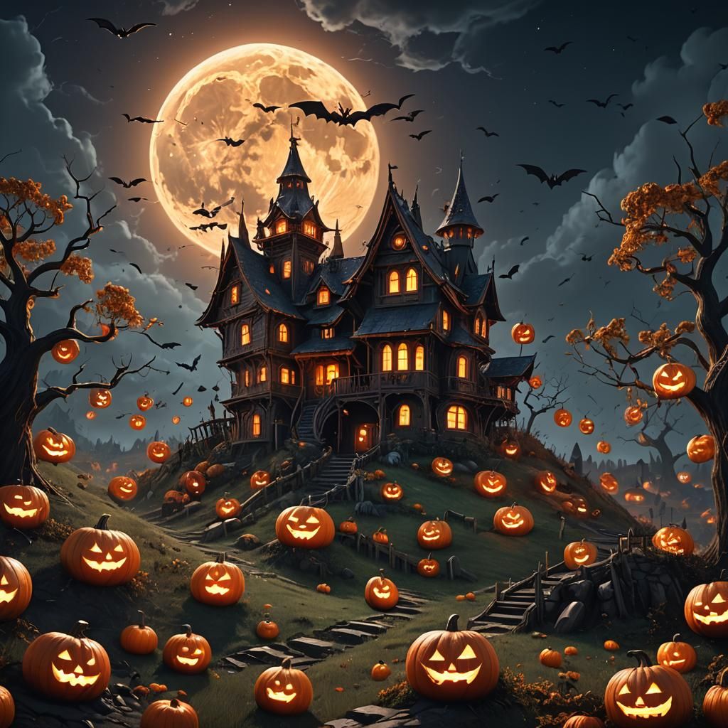 Haunted Halloween House with Witch in Dark Fantasy Style