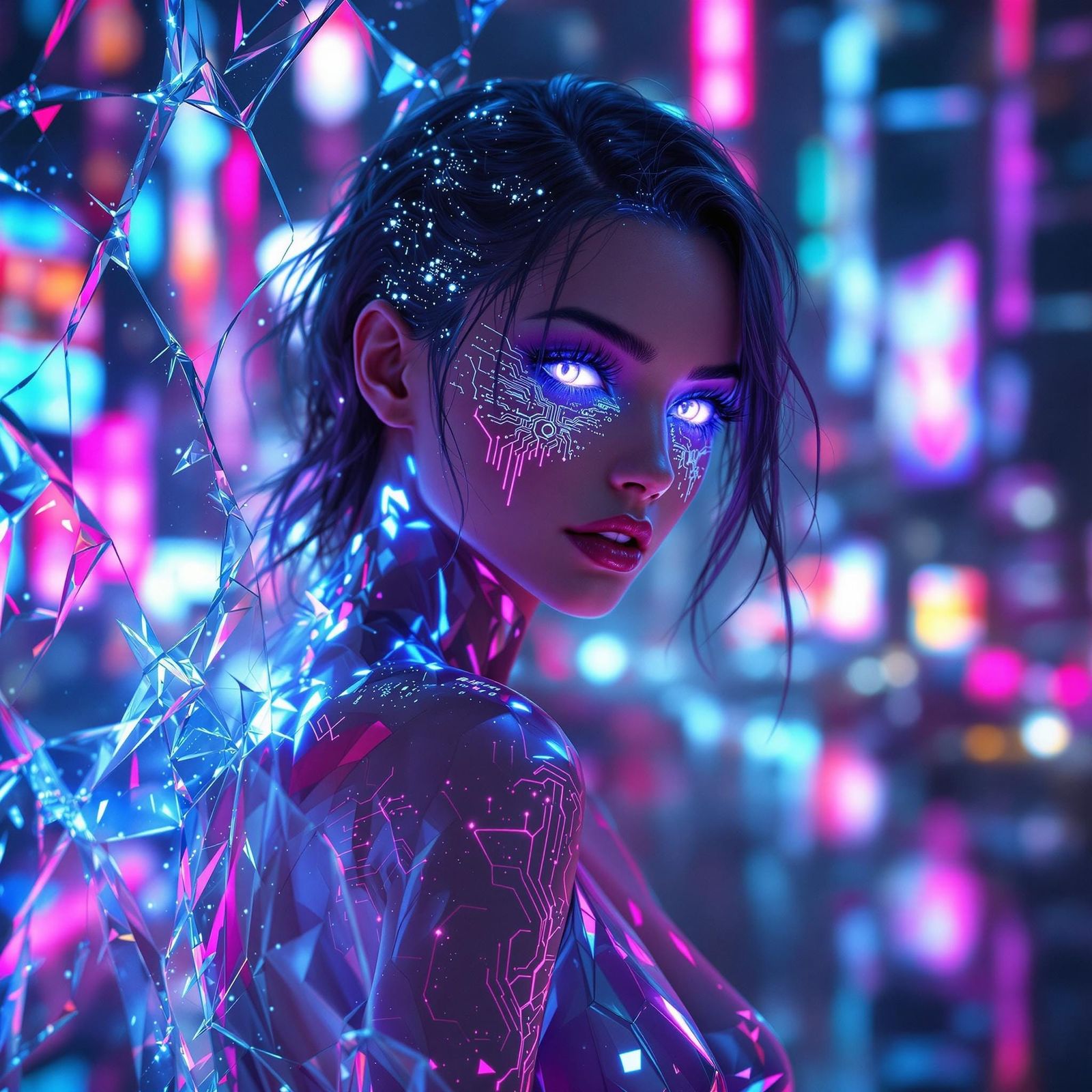 Cyberpunk AI Avatar Emerges from Shattered Glass