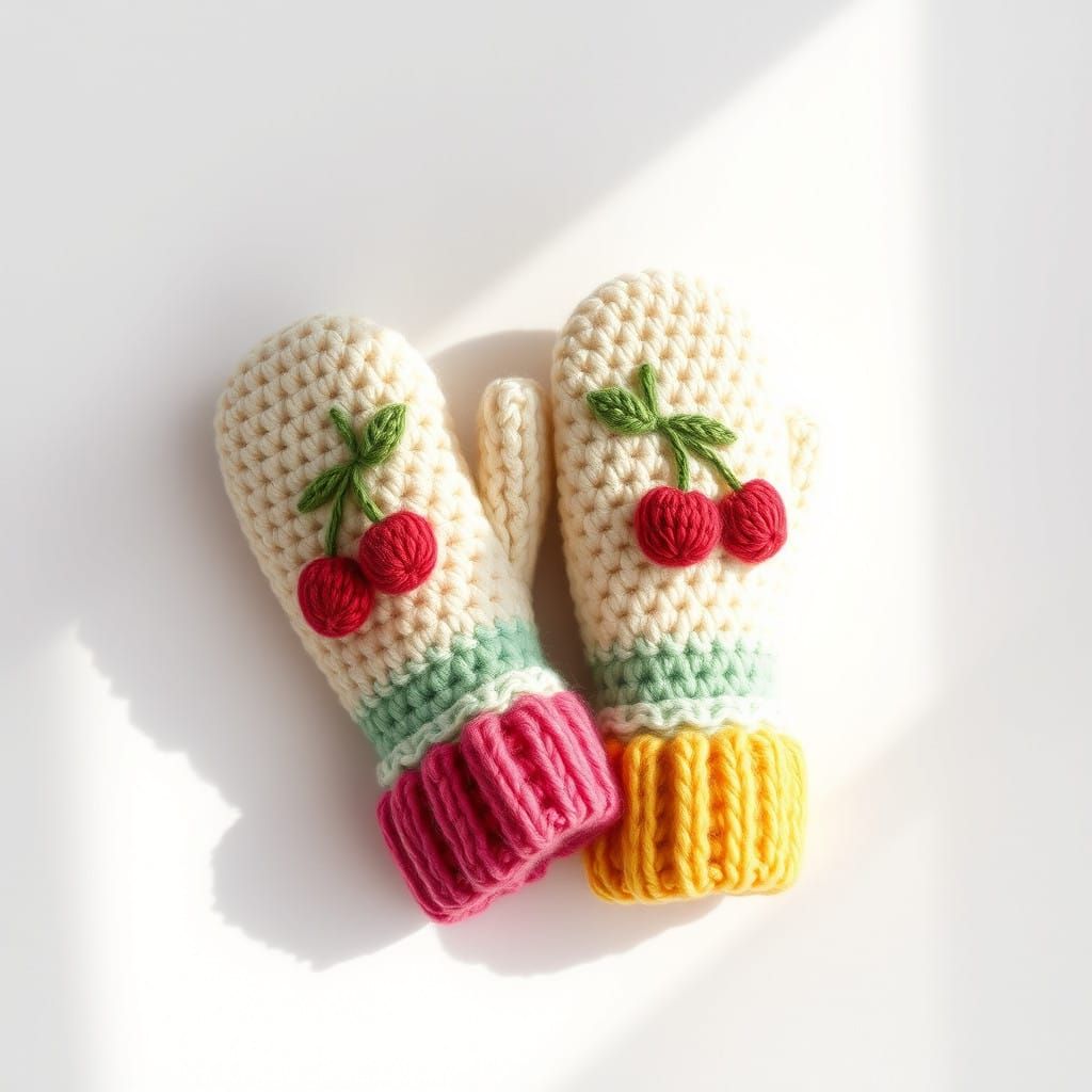 Pastel Crocheted Mitten Embroidery in Whimsical Folk-Art Sty...